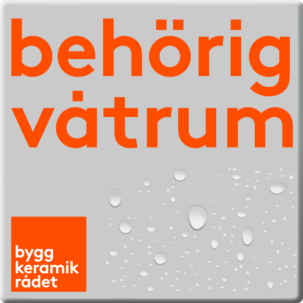 Certifieringsmärke med texten behörig våtrum, utfärdat av Byggkeramikrådet (BKR), med vattendroppssymboler